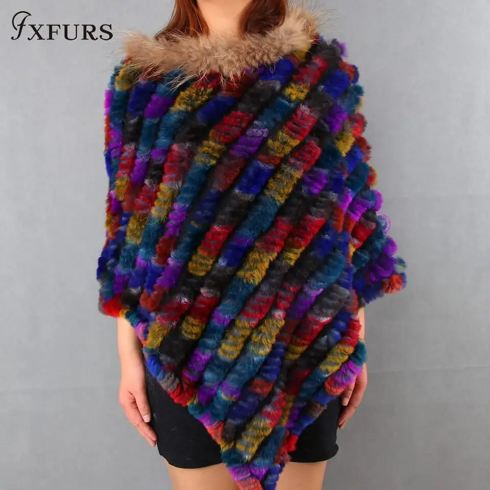 colorful 1 FXFURS, Вязаная Шаль из кроличьего меха, женская мода, треугольное меховое пончо, полосатый лоскутный шарф с мехом енота в полоску, воротники - Цвет: colorful 1