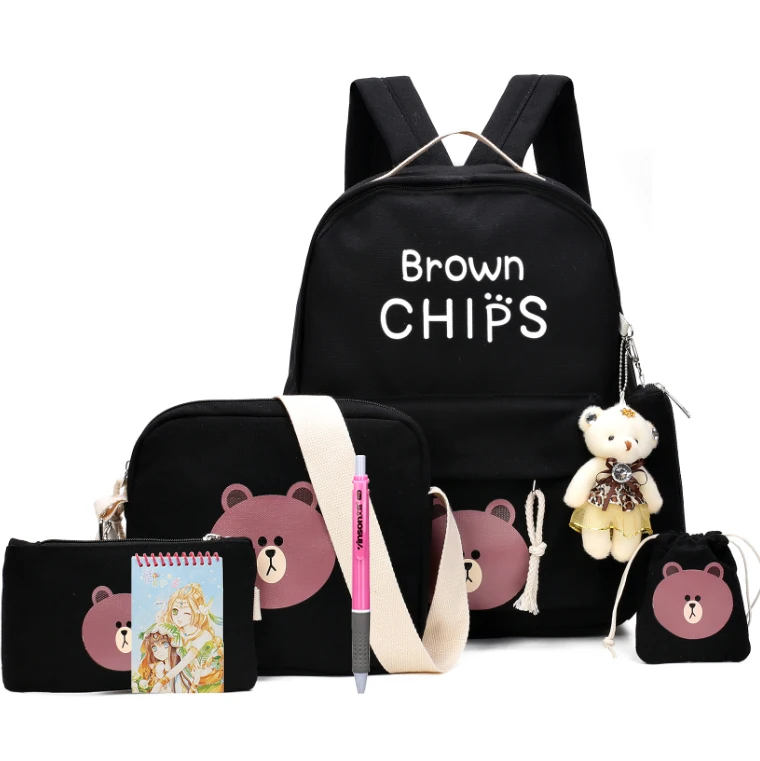 8 pcs/set Multifunctional Backpack Cute Brown Bear School Bag Boy Girls Travel Children Backpacks Kids Canvas school mochila | Багаж и
