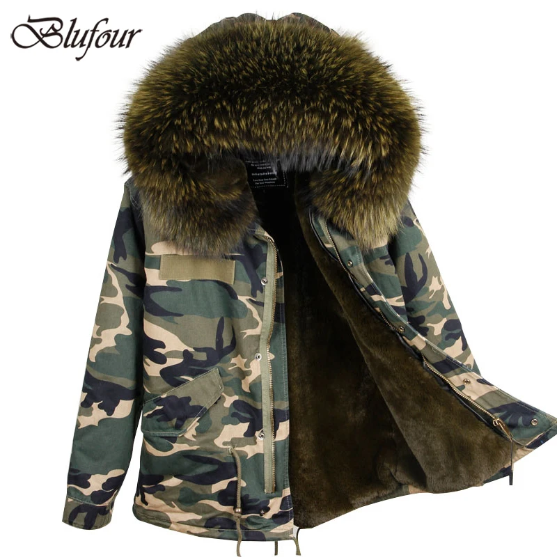 Blufour/Новинка короткие камуфляжные женские парки куртка из натурального меха с