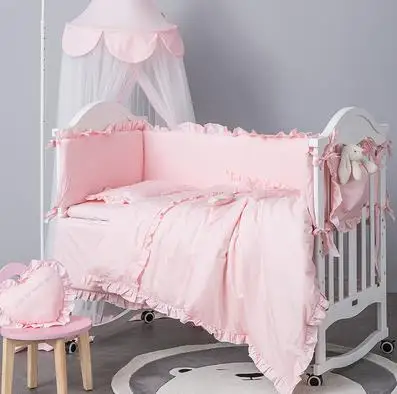 6pcs 6 шт. комплект детского постельного белья, бампер, хлопок, однотонный цвет, кружевная кроватка, Детский Комплект постельного белья, детская кроватка, бамперы, матрас для новорожденных, наволочка - Цвет: 6pcs