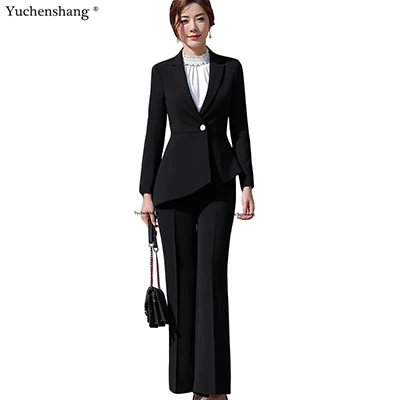 Black Pant Suits Женский элегантный брючный костюм, тонкий, модный, формальный, черный, белый, длинный рукав, симметричный блейзер с брюками, офисный Женский Костюм 4XL - Цвет: Black Pant Suits