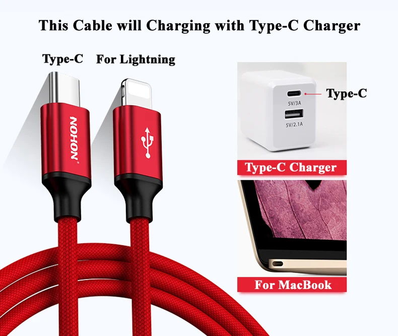 Nohon type-C для кабеля Lightning для iPhone X, 8, 8 Plus, 8 P, 8-контактный телефонный кабель для синхронизации данных, кабель для быстрой зарядки для iPhone 7, 7, P, 6 S, 6, 5S, 5
