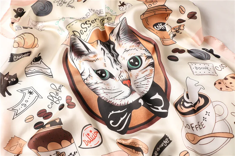 Luxury Brand New Fashion Summer Silk Square Scarf Women Cat Print Satin Neck Hair Tie Band Beach Hijab Head Female Foulard