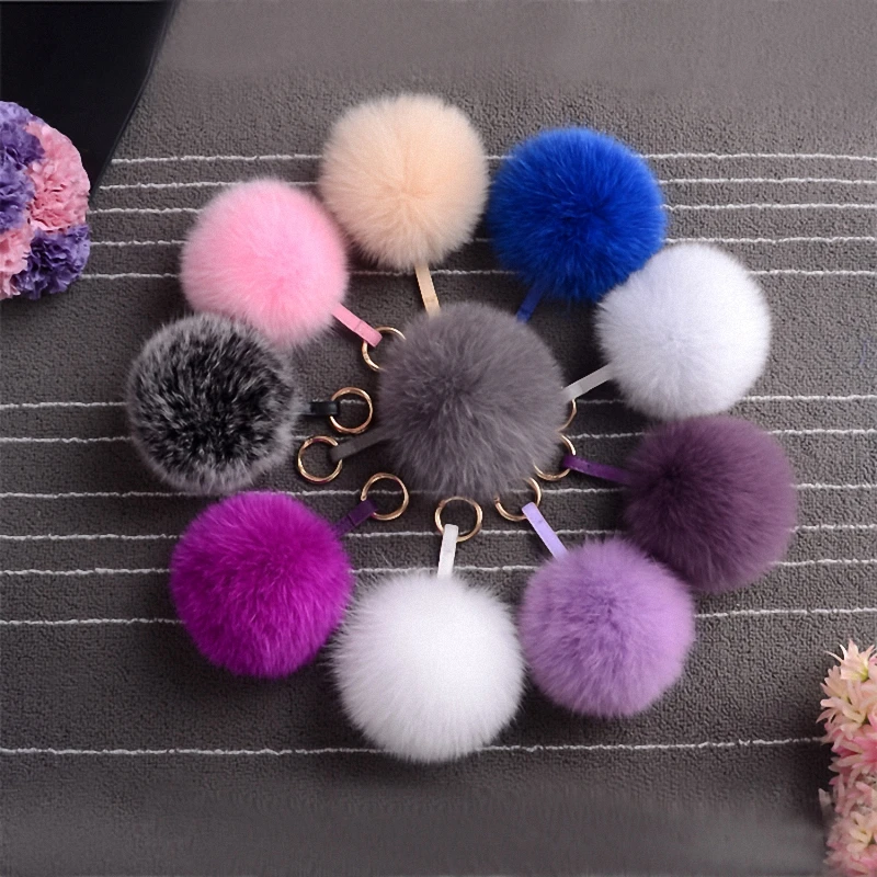 13-15cm Luxury Fluffy Real Fox Fur Ball Pom Plush Size Genuine Key Chain Metal Ring Pendant Bag Charm K010-beige | Украшения и