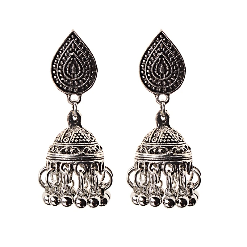 HXE060-2 TopHanqi индийские цыганские украшения Jhumka, серебряные, Boho, винтажные Этнические женские серьги, полые Висячие серьги для женщин - Окраска металла: HXE060-2