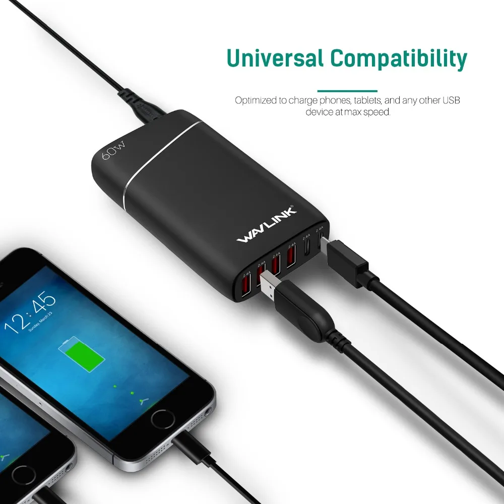 WAVLINK Тип C 6 Порты и разъёмы 60 Вт/12A Смарт USB Настольная зарядная станция для быстрой