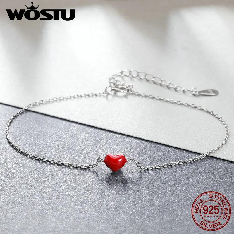 WOSTU, настоящий 925 пробы, серебряный, модный эмалевый, красное сердце, браслет для женщин, Подлинная Серебряная цепочка, для помолвки, хорошее ювелирное изделие FMB016