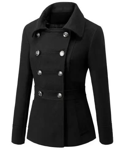 Starlist женщина отложной воротник двубортный Тонкий Длинные рукава Черный Пальто