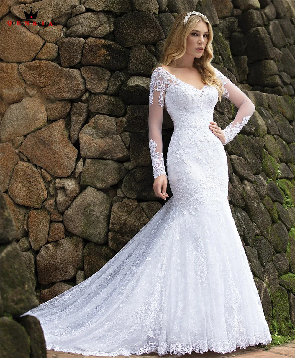 Женское кружевное платье-русалка, роскошное Привлекательное платье с длинным рукавом, бусинами и кристаллами, свадебное платье, новый дизайн 2023, WH37