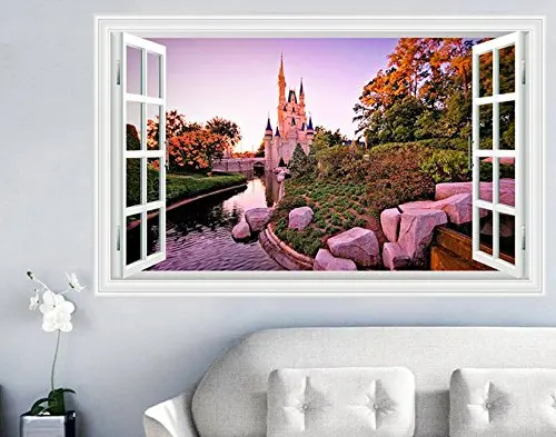 Замок сад стикер стены 3D поддельные окна стиль наклейки художественный постер