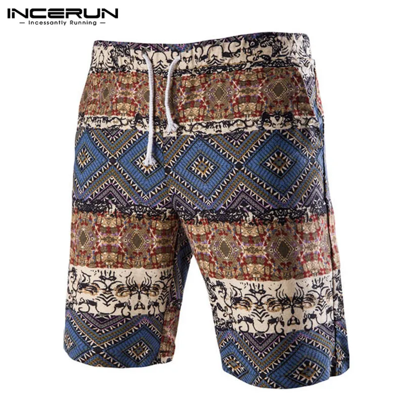 Blue Shorts INCERUN винтажные мужские шорты с принтом, повседневные шорты с завязкой, хлопковые Летние Гавайские шорты, Мужская одежда, уличная одежда размера плюс - Цвет: Blue Shorts