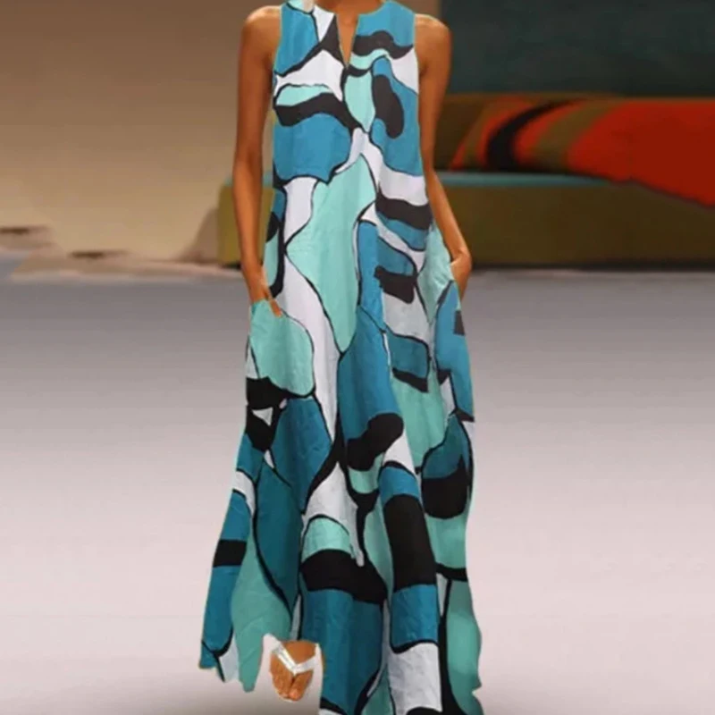 Women beach dress Lady Floral Print Sleeveless Shift dresses Casual pockets Long Summer holiday boho vacation split Maxi Dresses | Женская