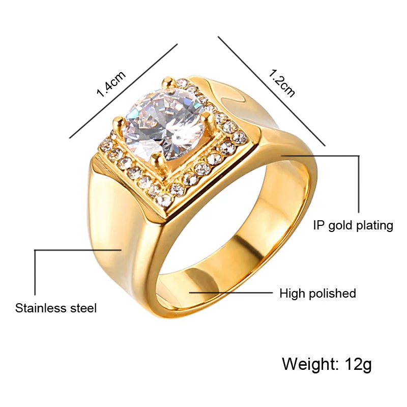 Gold Color Хип-хоп AAA+ CZ камень Iced Out Bling кубический цирконий Кольцо IP позолоченные титановые кольца из нержавеющей стали для мужчин ювелирные изделия - Цвет основного камня: Gold Color