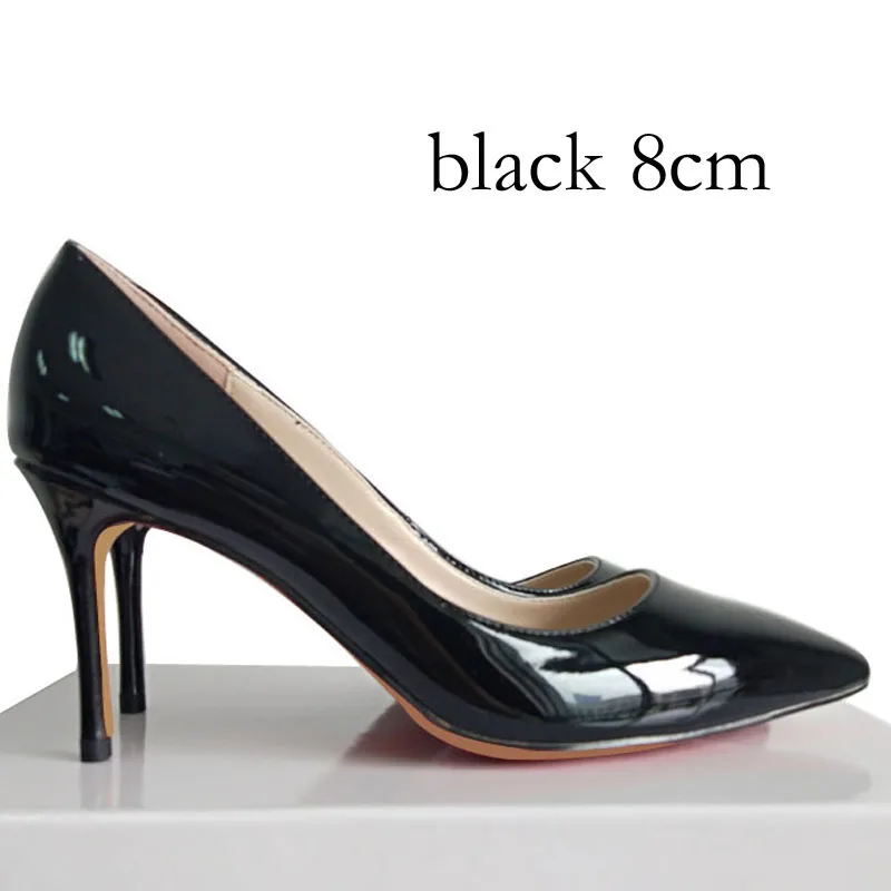 black 8cm Высококачественные женские туфли-лодочки из натуральной кожи Свадебные Вечерние туфли на высоком тонком каблуке 8 см, 10 см, 12 см большие размеры 34-45 - Цвет: black 8cm