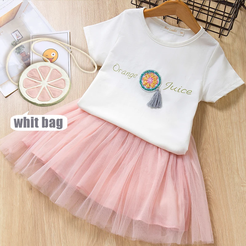 pink ax1006 with bag Bear leader/комплекты одежды для девочек коллекция года, летние детские платья белая футболка+ короткая юбка+ маленькая сумочка, комплект из 3 предметов Брендовая детская одежда - Цвет: pink ax1006 with bag