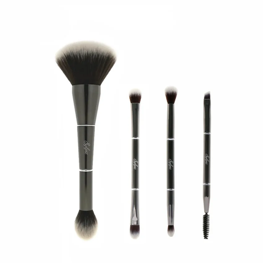 4pcs brush set Sylyne 4 шт. набор кистей для макияжа 2 в 1 двухсторонние Металлические кисти для макияжа лица и глаз Кабуки для пудры теней для век бровей - Handle Color: 4pcs brush set