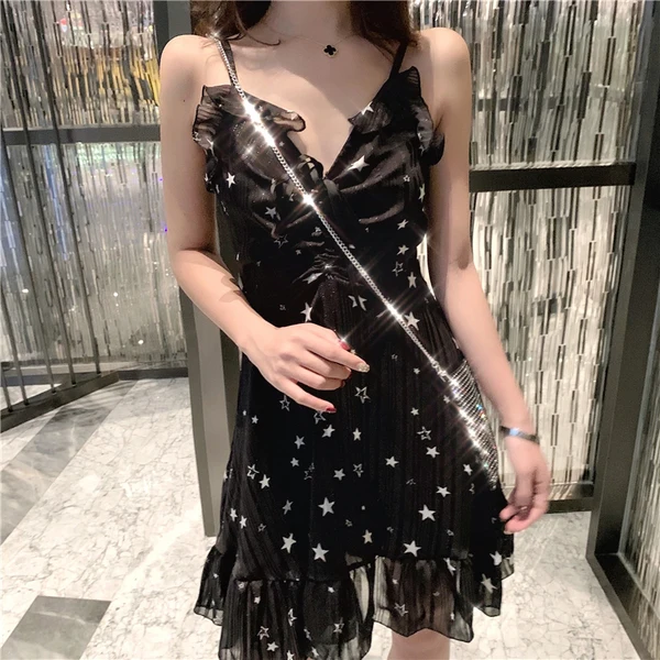 Bohemian Straghetti Strap Dress Women Sexy Deep V Neck Star Pattern Party Dresses Holiday Beach Ladies Vestidos HY071 | Женская одежда