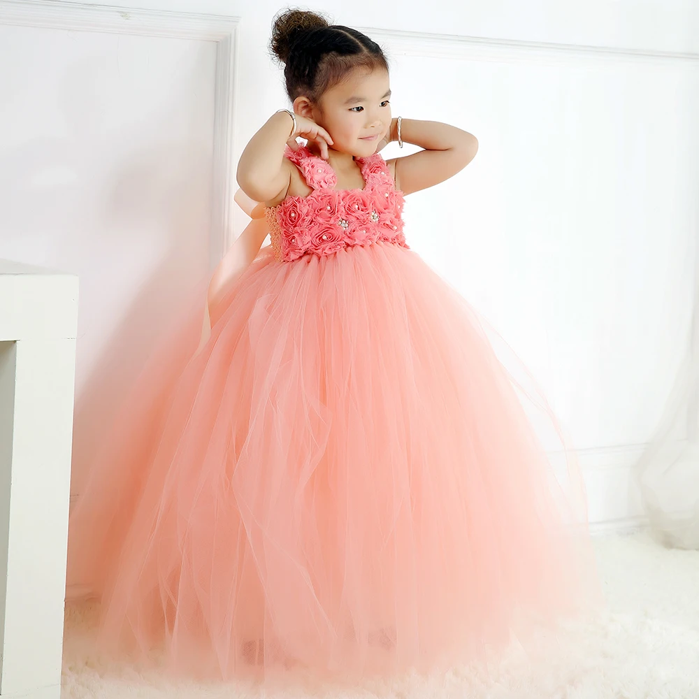 Peach Color Children Girls Flower Tutu Dress Princess Tulle Girl Dresses Kids Party Pageant Wedding Ball Gown | Детская одежда и
