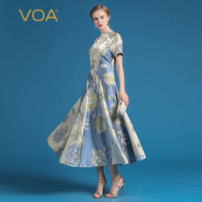 Винтажное шелковое жаккардовое платье VOA длинное с коротким рукавом и высоким