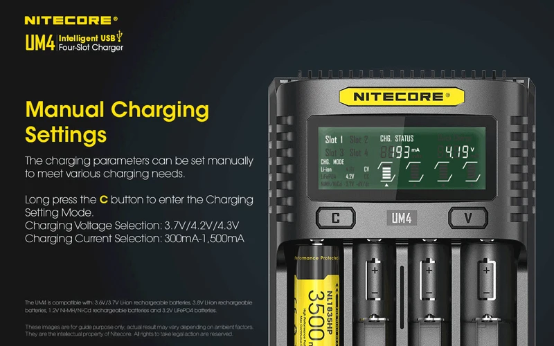 Интеллектуальное зарядное устройство Nitecore UM4 с четырьмя слотами USB, совместимое с аккумулятором IMR Li-Ion LiFePO4 Ni-MH Ni-Cd