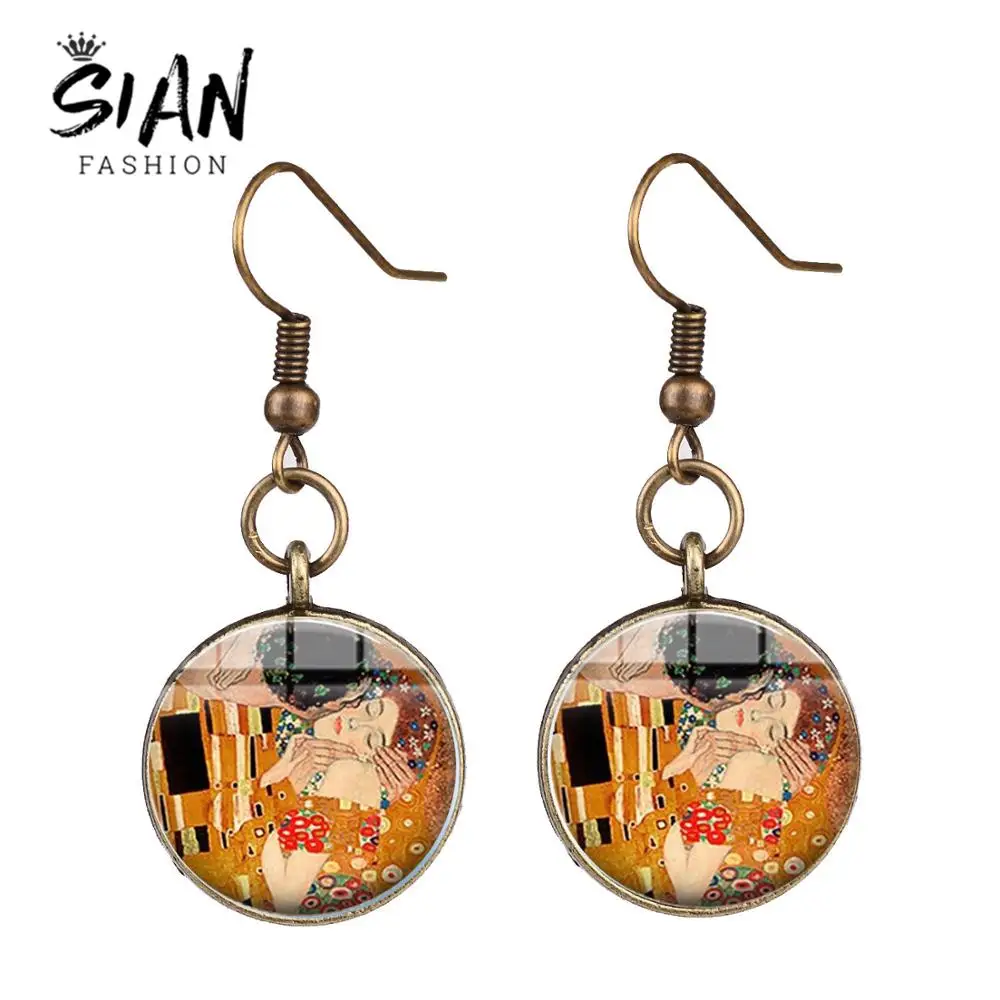 

SIAN Romantic Gustav Klimt The Kiss Earrings Art Painting Handcrafted Crystal Time Gem Long Earring Lovers Valentine's Day Gift