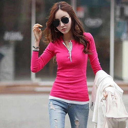 Женщины Мода Slim Fit Кнопка Топы С Длинным Рукавом Сращивание Рубашка Повседневная