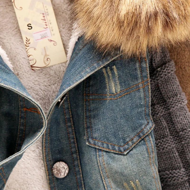 Women Winter Thick Jeans Jacket Faux Fur Collar Fleece Hooded Denim Coat Female Padded Warm Outwear Dropshipping | Женская одежда