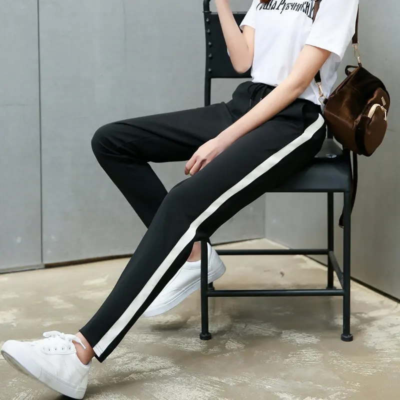 

CUHAKCI Trousers Harem Pants High Waist Striped Women Black Casual Drawstring Femme Loose