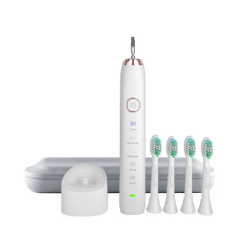 white and 4 heads Sarmocare S100 ультра звуковая электрическая зубная щетка, светодиодный индикатор, зубная щетка es IPX7, водонепроницаемая, 5 моделей, беспроводная перезаряжаемая - Цвет: white and 4 heads
