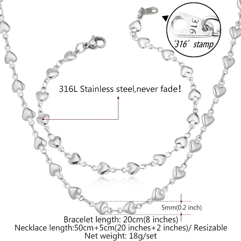 

Kpop Heart Set Chain Bracelet Necklace Trendy Stainless Steel Gold Color Gift For Lover Women Jewelry Set NH208
