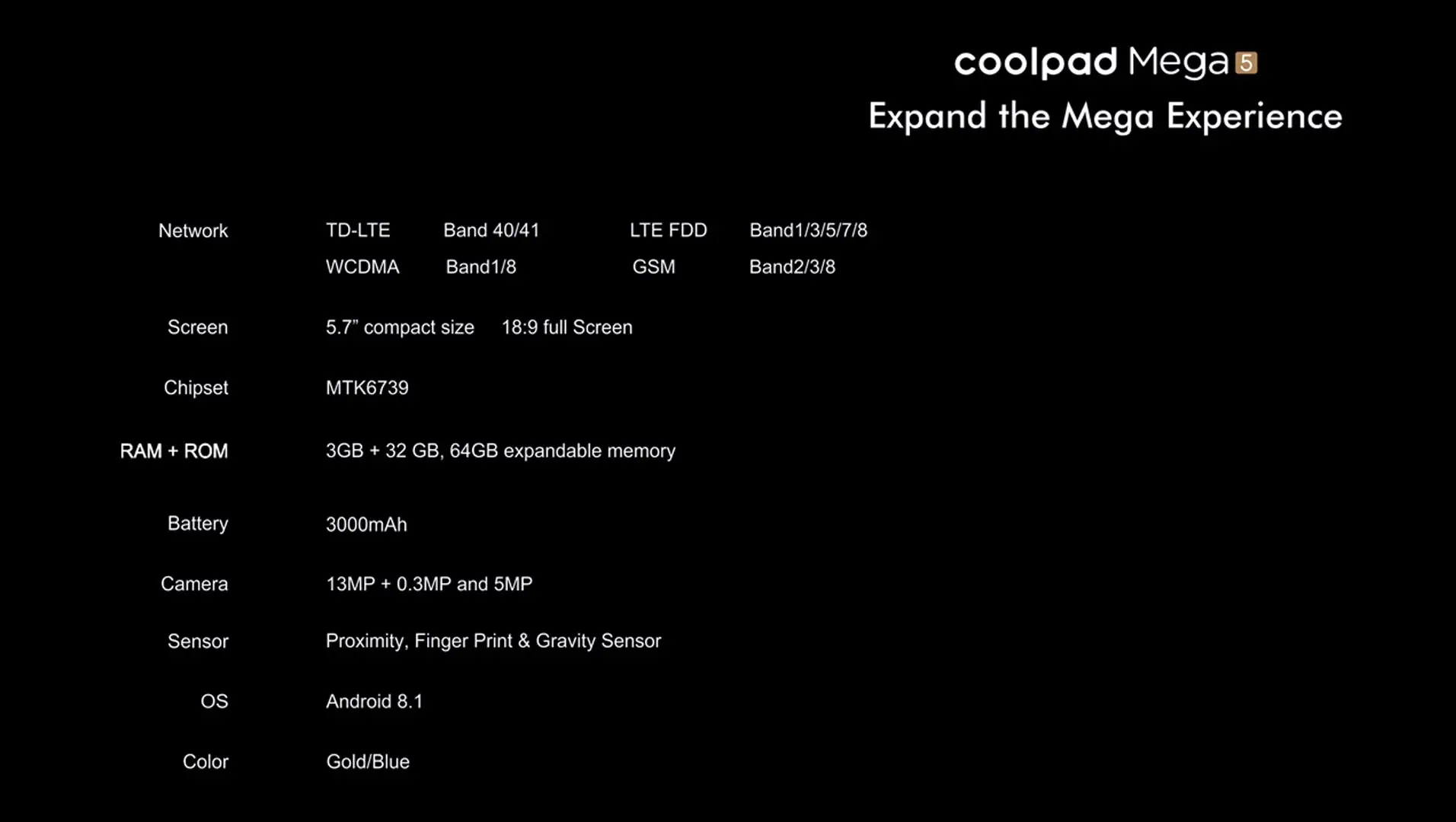 Мобильный телефон Coolpad Mega 5 с глобальной версией, 3 Гб ОЗУ, 32 Гб ПЗУ, аккумулятор 3000 мАч, 5,7 дюйма, HD Две камеры заднего вида, Android Oreo 8,1