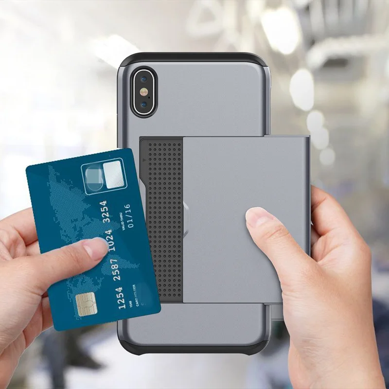 Hybrid Slide Credit Card Holder Case for iPhone 6 6S 7 8 Plus TPU + Plastic Shockproof X Xs Max XR Anti Knock Cover | Мобильные