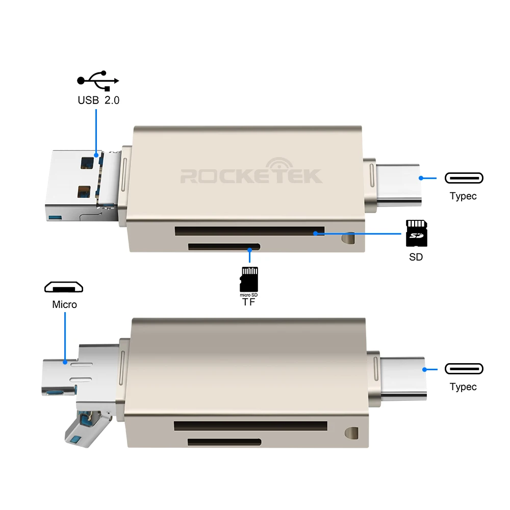 Rocketek usb 2,0 Алюминиевый кардридер для карт памяти OTG type c адаптер кардридер для micro SD/TF microsd ридеры ноутбук компьютер