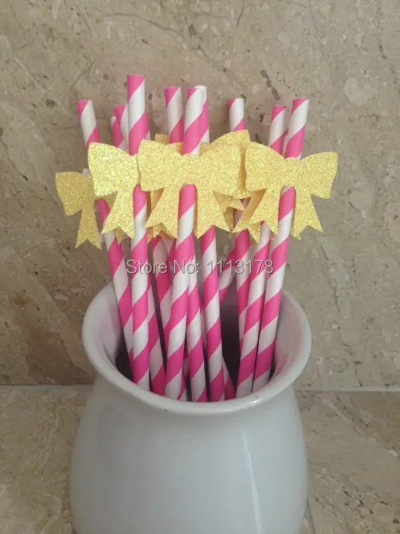 

cheap Striped Party Straws with Glitter Bows, Baby Shower Decor, Birthday Party, Bridal Shower, Wedding Shower paper straw
