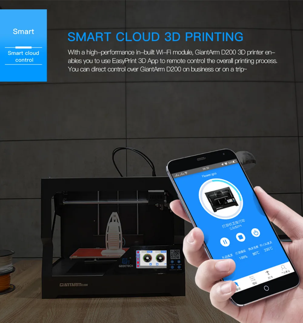 Geeetech новейший 3d принтер GiantArm D200 FDM с умным приложением Wi-Fi датчик накаливания