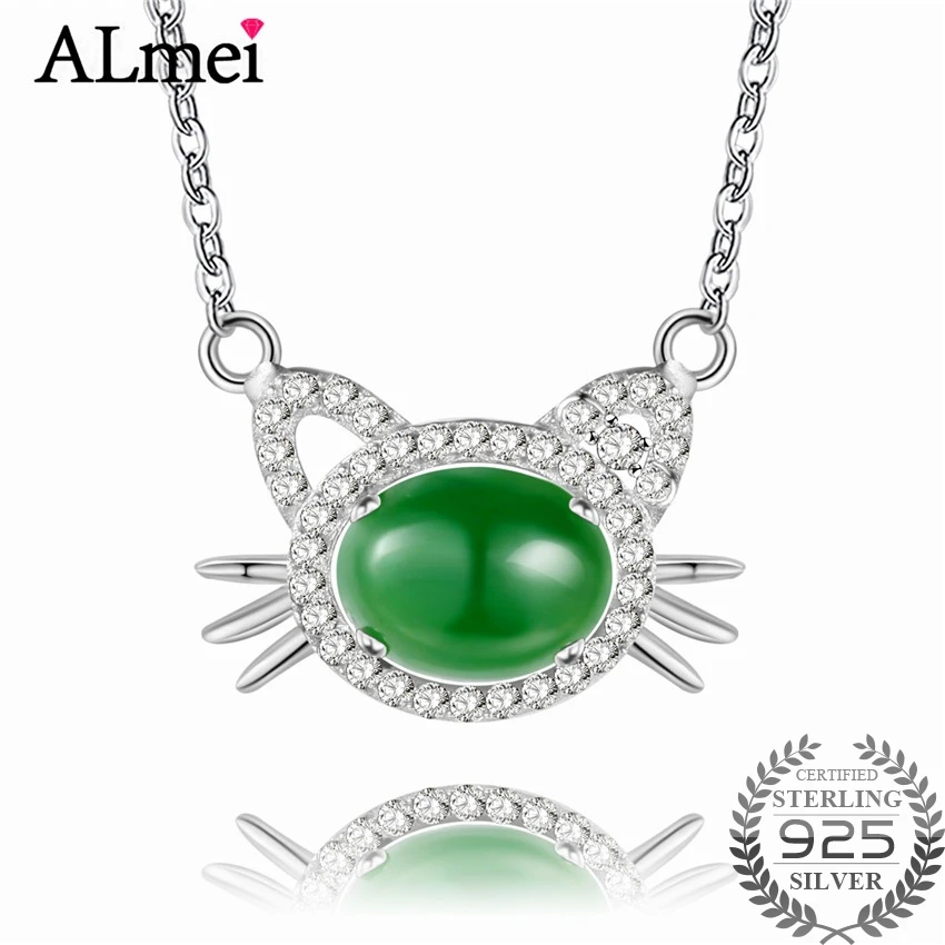 Almei красивый дизайн с кошкой ожерелье блестящее 2ct зеленая яшма горный хрусталь