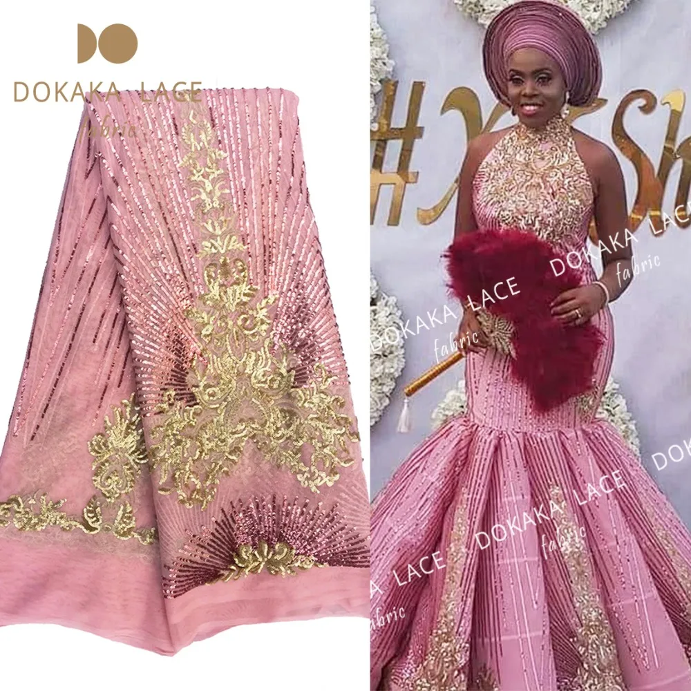 

Pink And Gold Sequined Embroidered Mesh Tulle Lace Fabric 2019 High Quality African Net Wedding Breide Dress Sequins Material