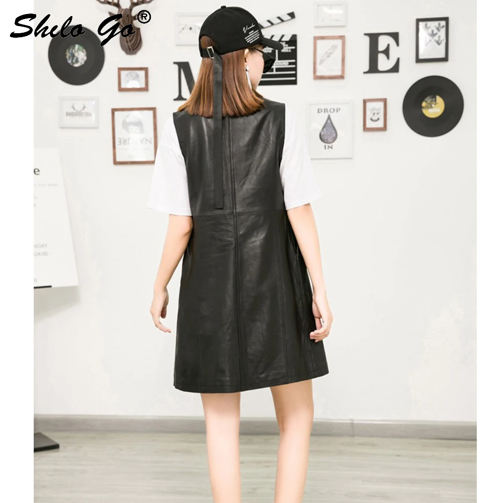 Streetwear Leather Vest Women Summer Casual Sleeveless Single Breasted Sheepskin Genuine Long Side Pocket Vests |
