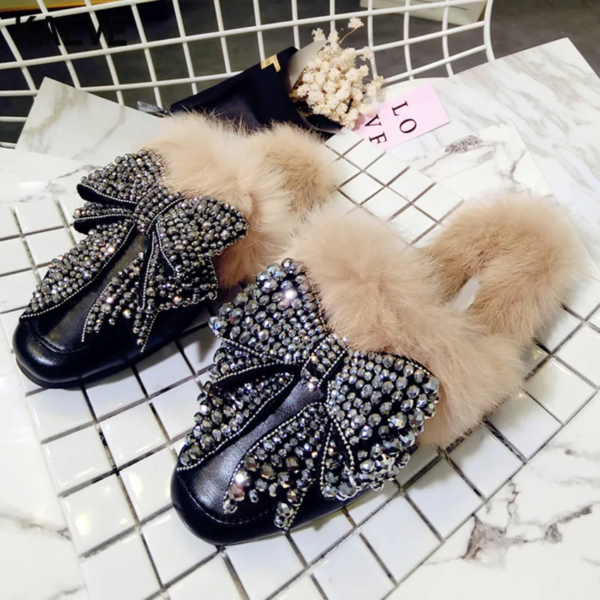 Женские шлепанцы из меха кролика Рекс повседневные сандалии с блестящими