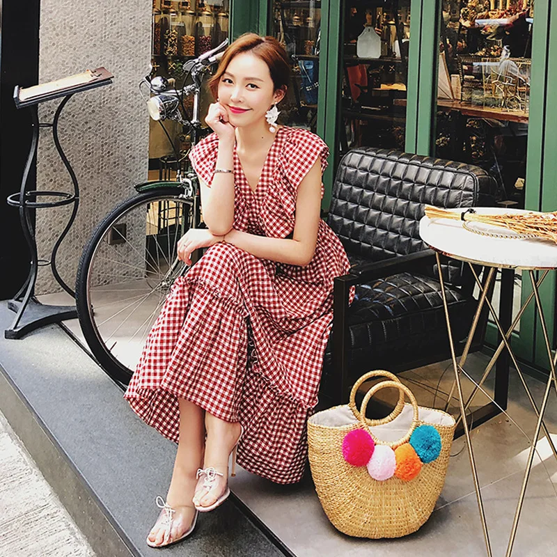 Women Casual Red White Plaid Summer Long Dress Ruffle Edge V-neck High Waist Sleeveless Sundress Big Size New Arrival Hot Sale | Женская
