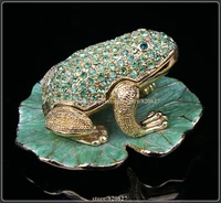 frog on lotus jeweled jewelry pill box hand crafted metal and hand painted high gloss enamel with crystal jeweled accents