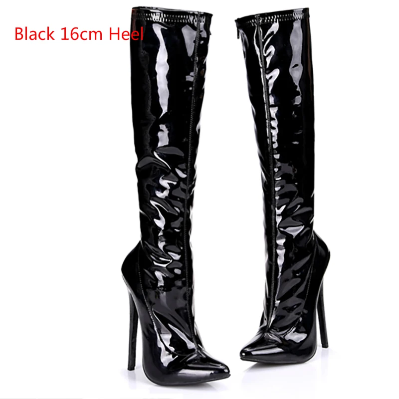 Black 16cm Heel Сапоги до колена женская обувь высокий каблук 12 см; ; Прямая поставка; блестящая Натуральная кожа модные Fenty Beauty застежкой-молнией в готическом стиле, женские ботинки с острым носком, большие Размеры 46 - Цвет: Black 16cm Heel
