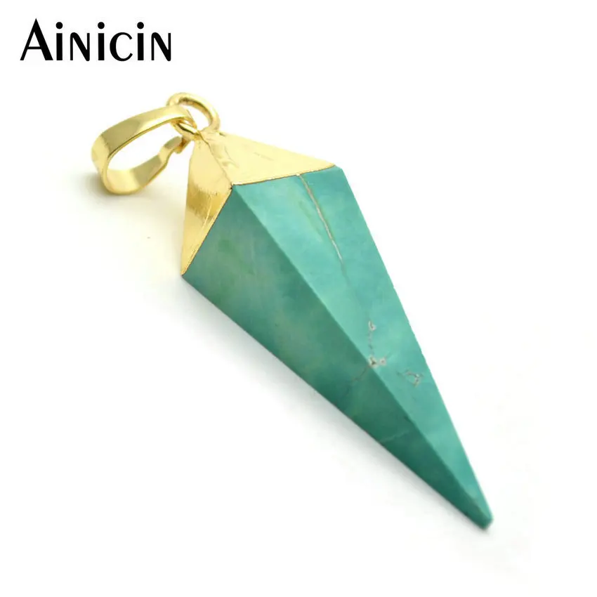 

5pcs Green Color Natural Semi-precious Stone Pointed Cone Shape Gold Plating Pendants Fashion Men Women Jewelry Making Findings
