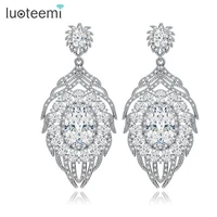 luoteemi luxury cz vintage embellished bridal clear cubic zircon feather design heavy stud earring for womens wedding jewelry