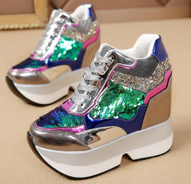 Fashion Women Thick Shoes Casual Golden Sequins Patent Leather Gold Flat Platform Women's Lace Up Female 35-3 | Обувь