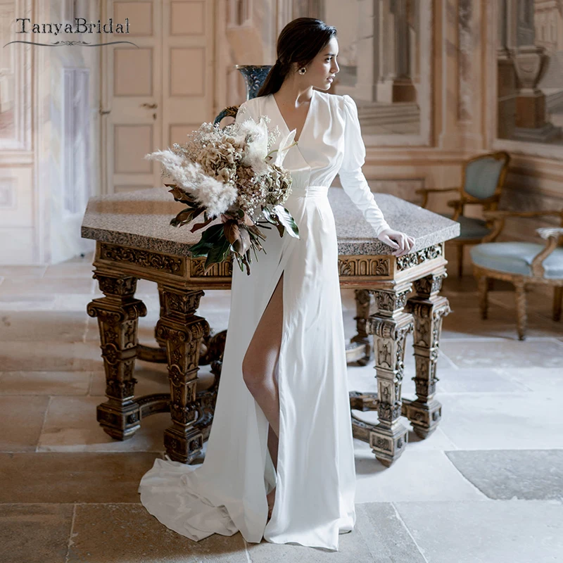 

Classcial Satin Wedding Dresses Full sleeve High Split Sexy Bridal Gowns Deep V-Neck Noivas Robe De Soriee DW153