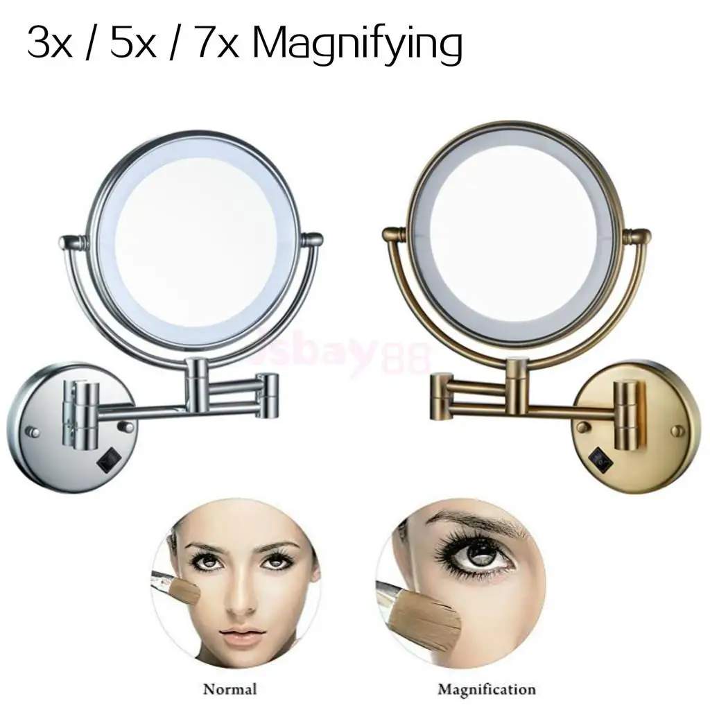 

8' Bathroom Makeup Mirror with LED Light, Wall Mount 3x / 5x / 7x Magnification Vanity Mirror, Chrome/ Bronze Finish - EU Plug