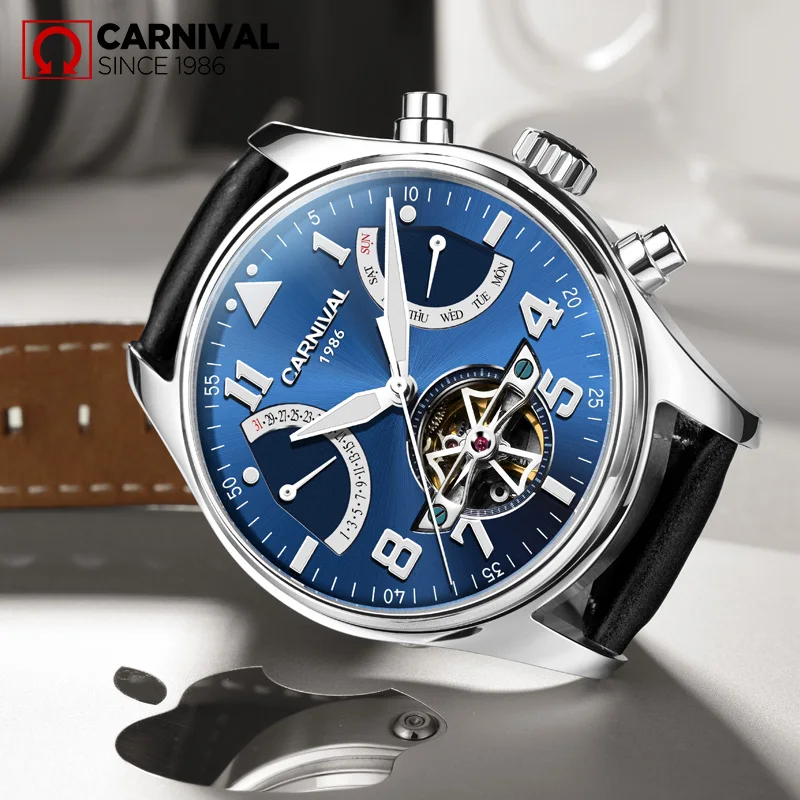 Мужские модные автоматические механические часы водонепроницаемые Tourbillon Carnival