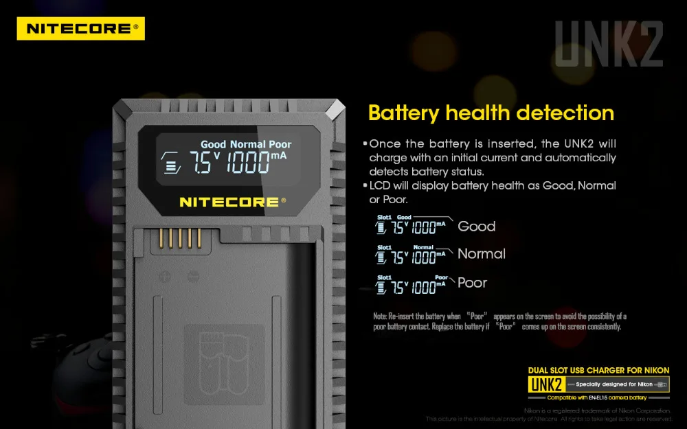 Nitecore UNK2 Dual USB Зарядное устройство для Nikon EN-EL15 Батарея D500 D600 D610 D750 D800 D800E D810 D810A V1 1V1 D850 D7000 D7100