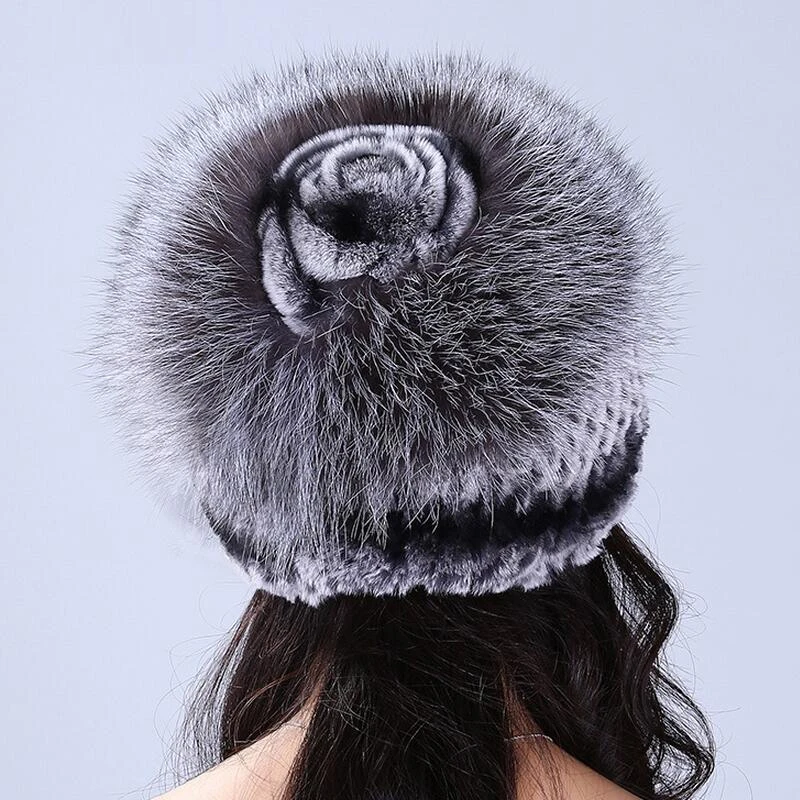 

YCFUR Women Hats Caps Winter Natural Rex Rabbit Fur Hat Cap with Silver Fox Fur Top Flower Hats Beanies Ladies